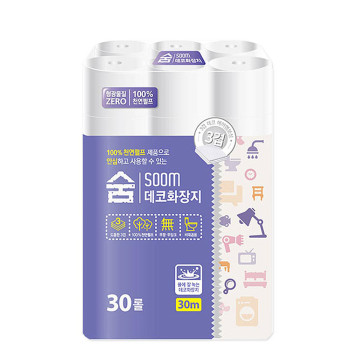 Soom 숨 데코 보라 먼지없는 천연펄프 화장지 휴지 3겹 30M 30롤 1팩
