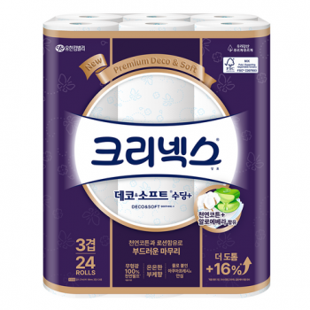 크리넥스 데코 앤 소프트 수딩플러스 천연펄프 3겹 고급롤화장지 27m 24개입